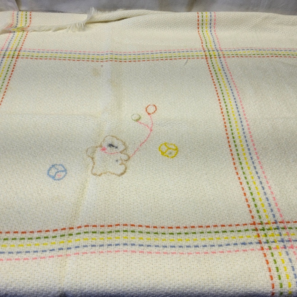 The Three Weavers Baby Blanket Kids OS White Vintage Handwoven Orlon Bear Plaid - Picture 16 of 16